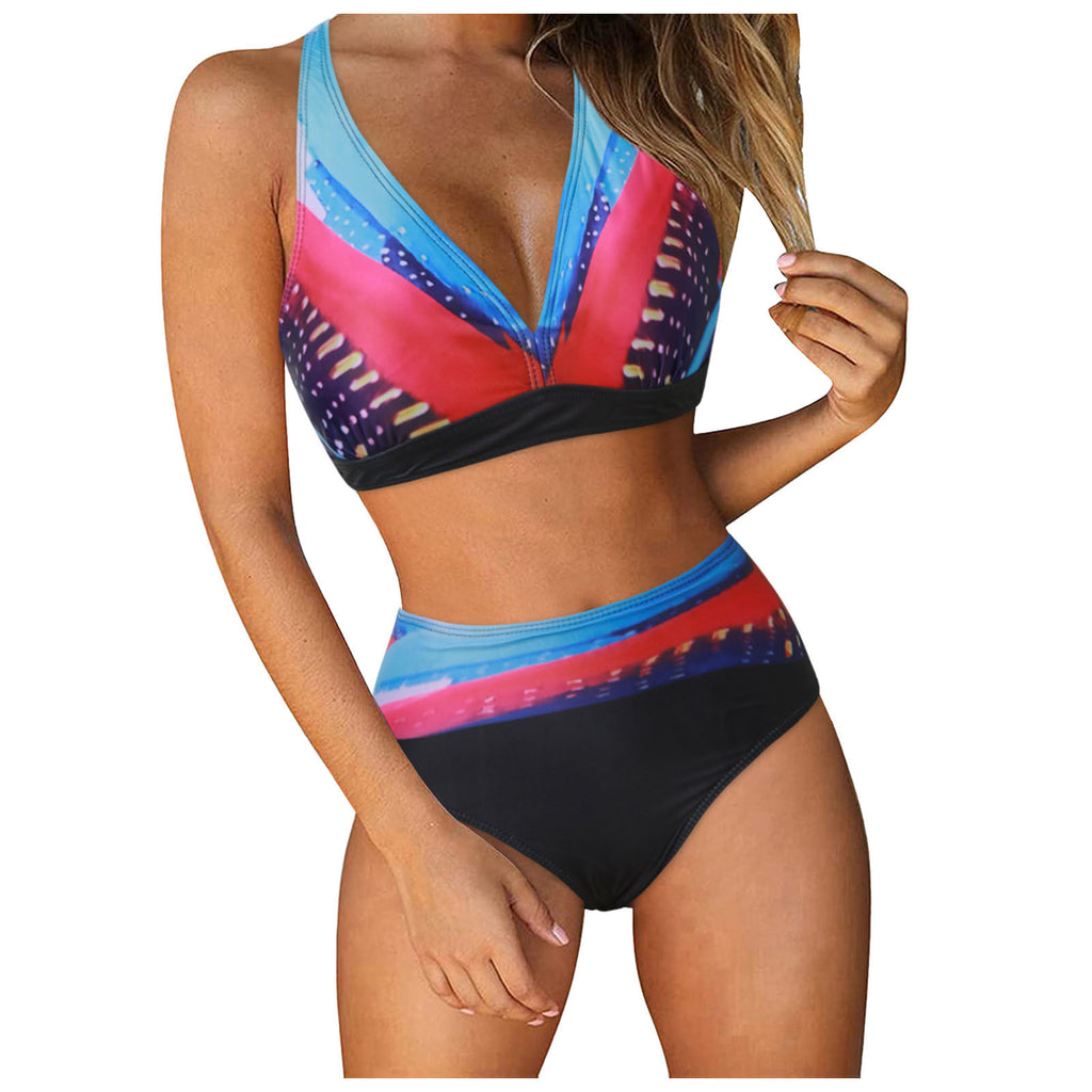 Maillot de bain deux pièces pour femmes - Bikini imprimé floral avec fond haut coupé et haut de push up