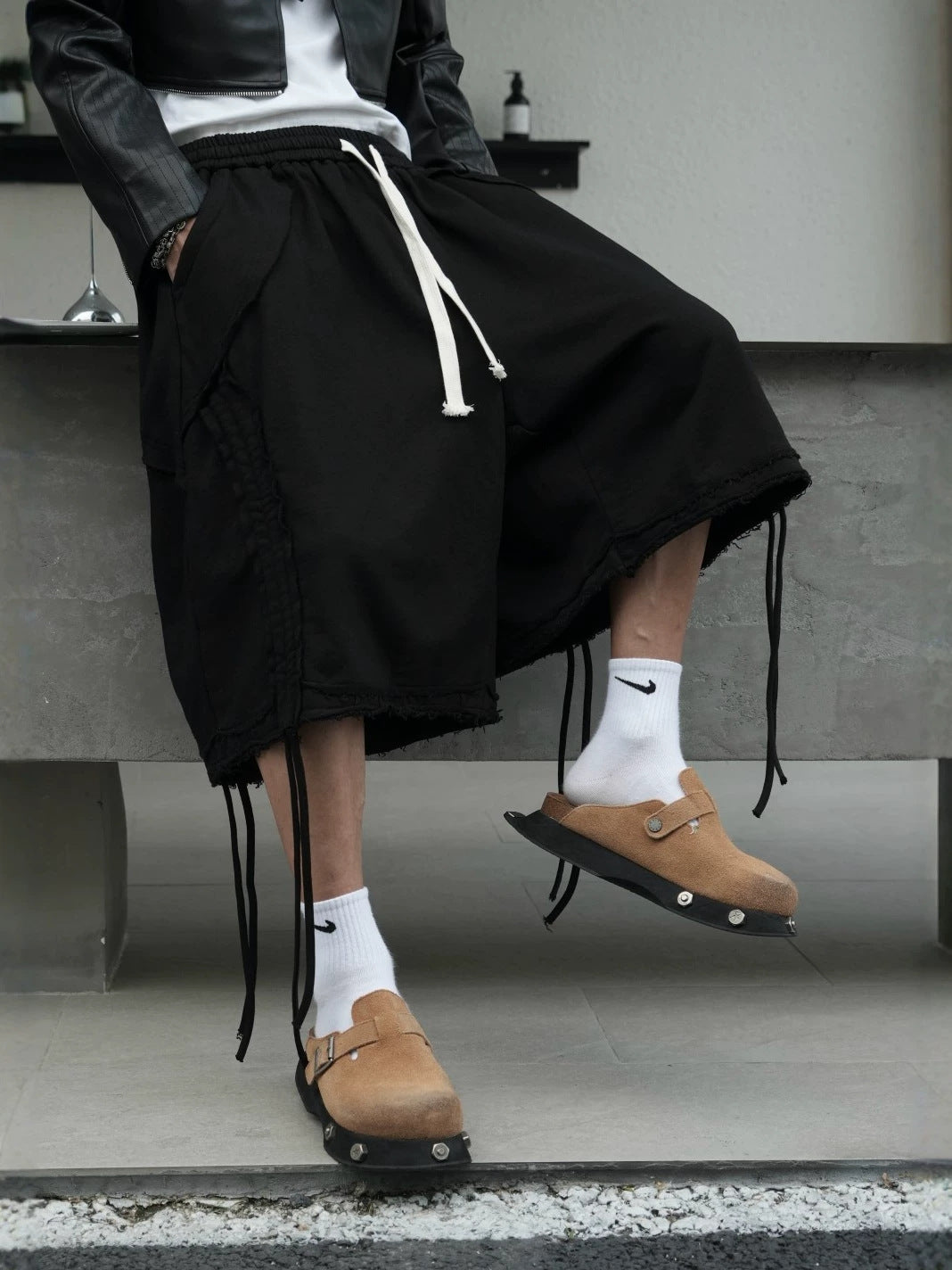 Short de travail casual loopback lavé lourd avec des bords bruts et des jambes larges