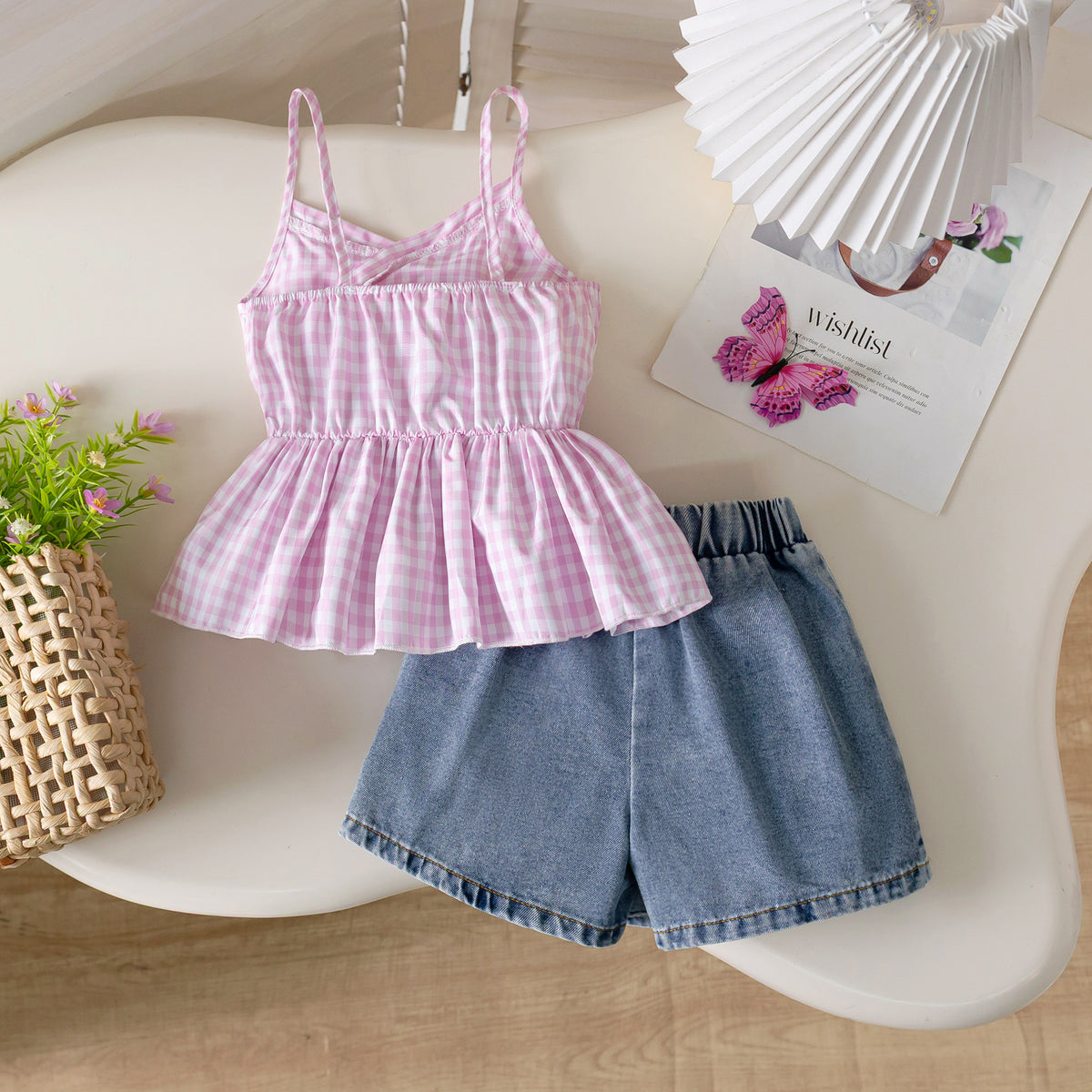 Plaid Dentelle Camisole et Denim Skort Set