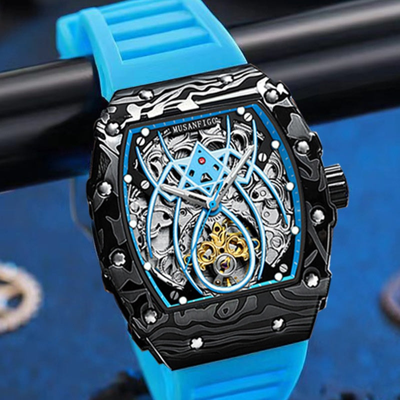 En forme de barillet Entièrement automatique mécanique Lumineux Sport Mode Hommes Montre Hollow-out