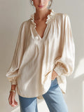 Femmes Casual Ruffled-edge V-neck Blouse à manches de puff