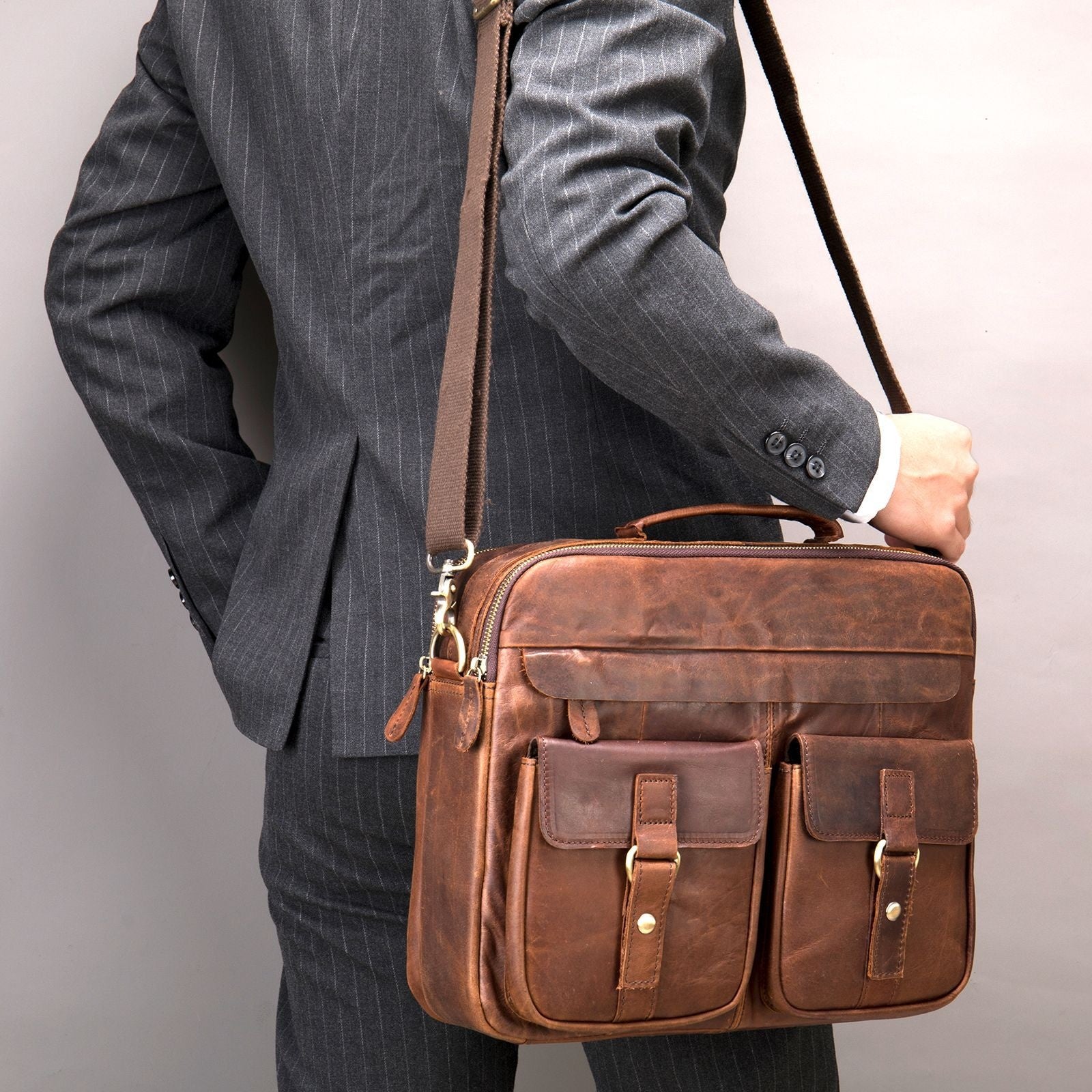 Sac à main en cuir plein-grain pour homme Rétro Sac à bandoulière en cuir