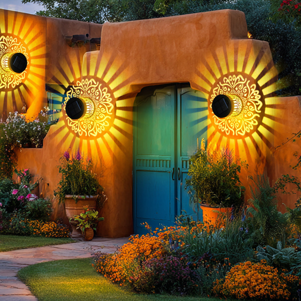 Mandala Wrought-fer Lampe murale solaire étanche pour les paysages de cour