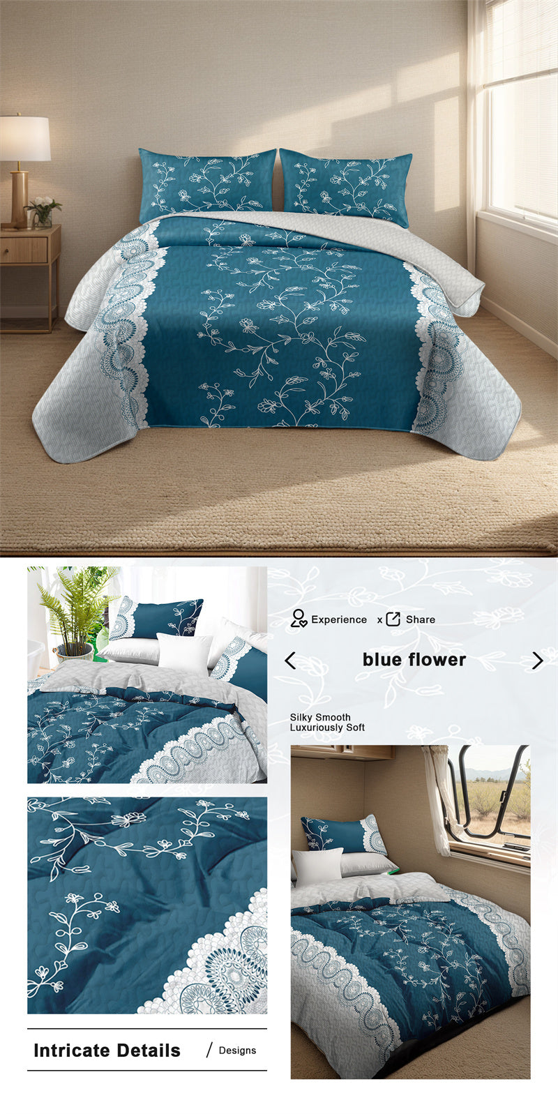 Set de courtepointe à 3 pièces de fleur de sarcelle avec 2 shams d'oreiller assortis