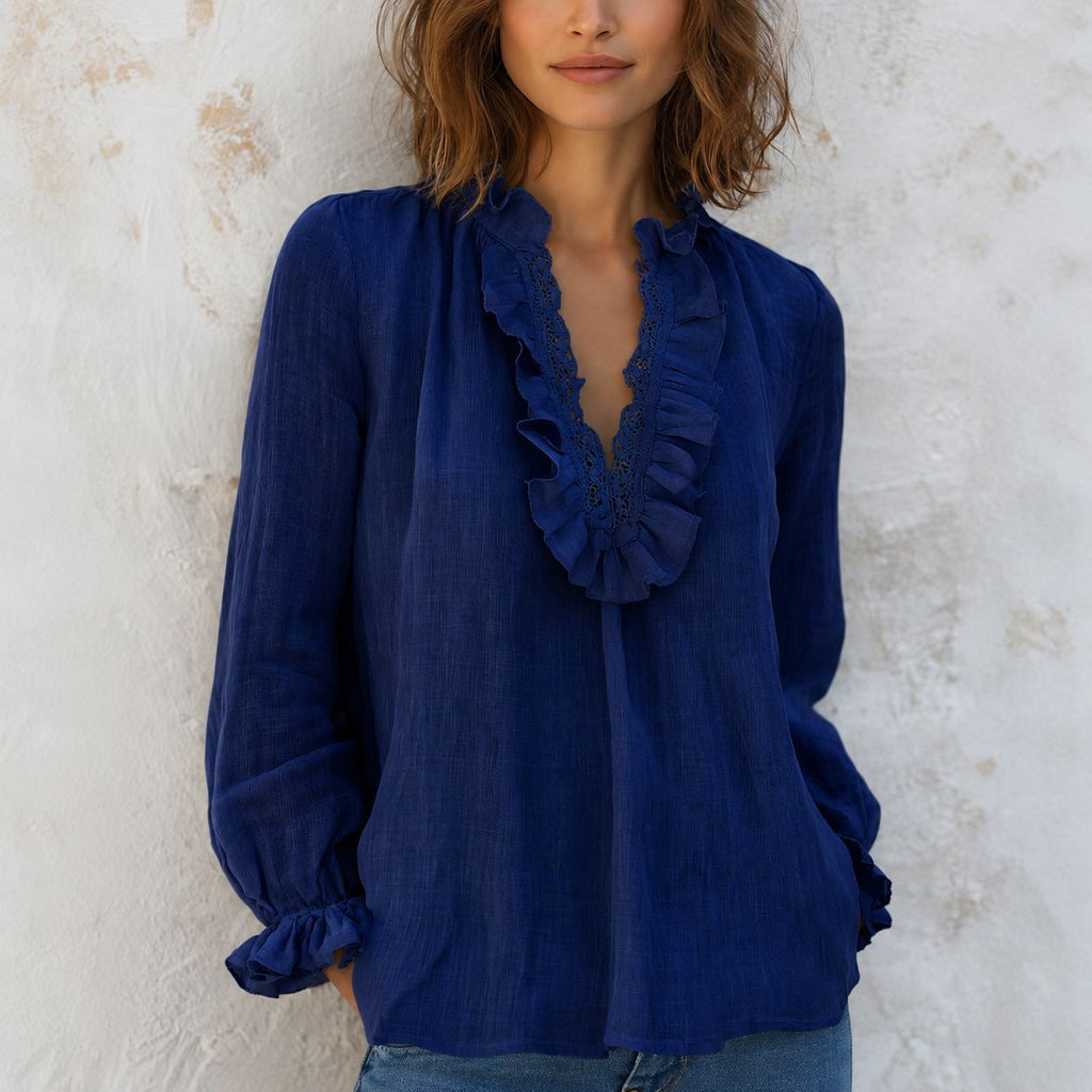 Femmes Deep V-neck Dentelle Loose-fit Blouse Chemise de style français