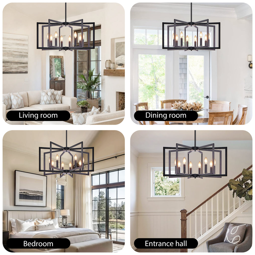 Chandelier 8-Light Geometric Noir moderne de 27" – Luminaire pendentif métallique industriel pour