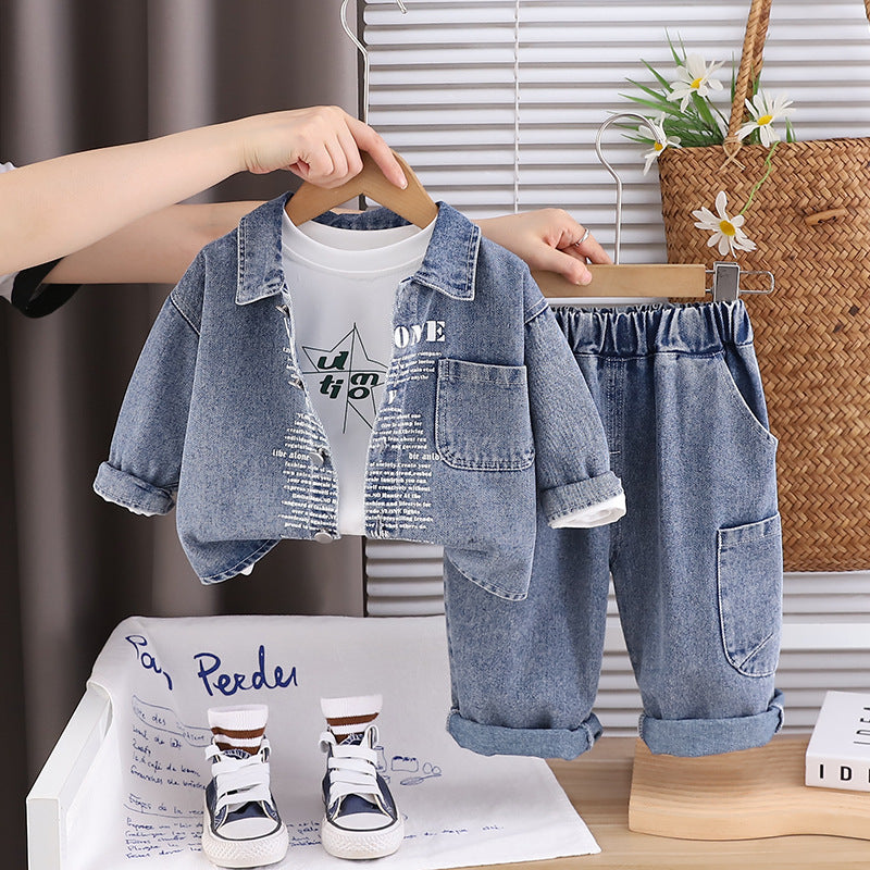 Korean-style denim long-sleeved set for young children