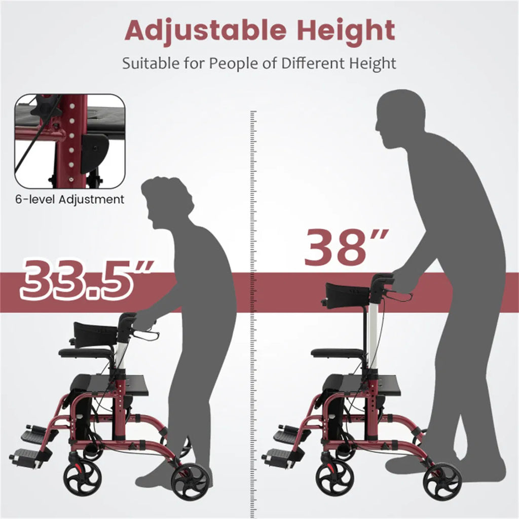2-en-1 Walker roulant et fauteuil roulant (300lbs): poignées réglables à 6 niveaux