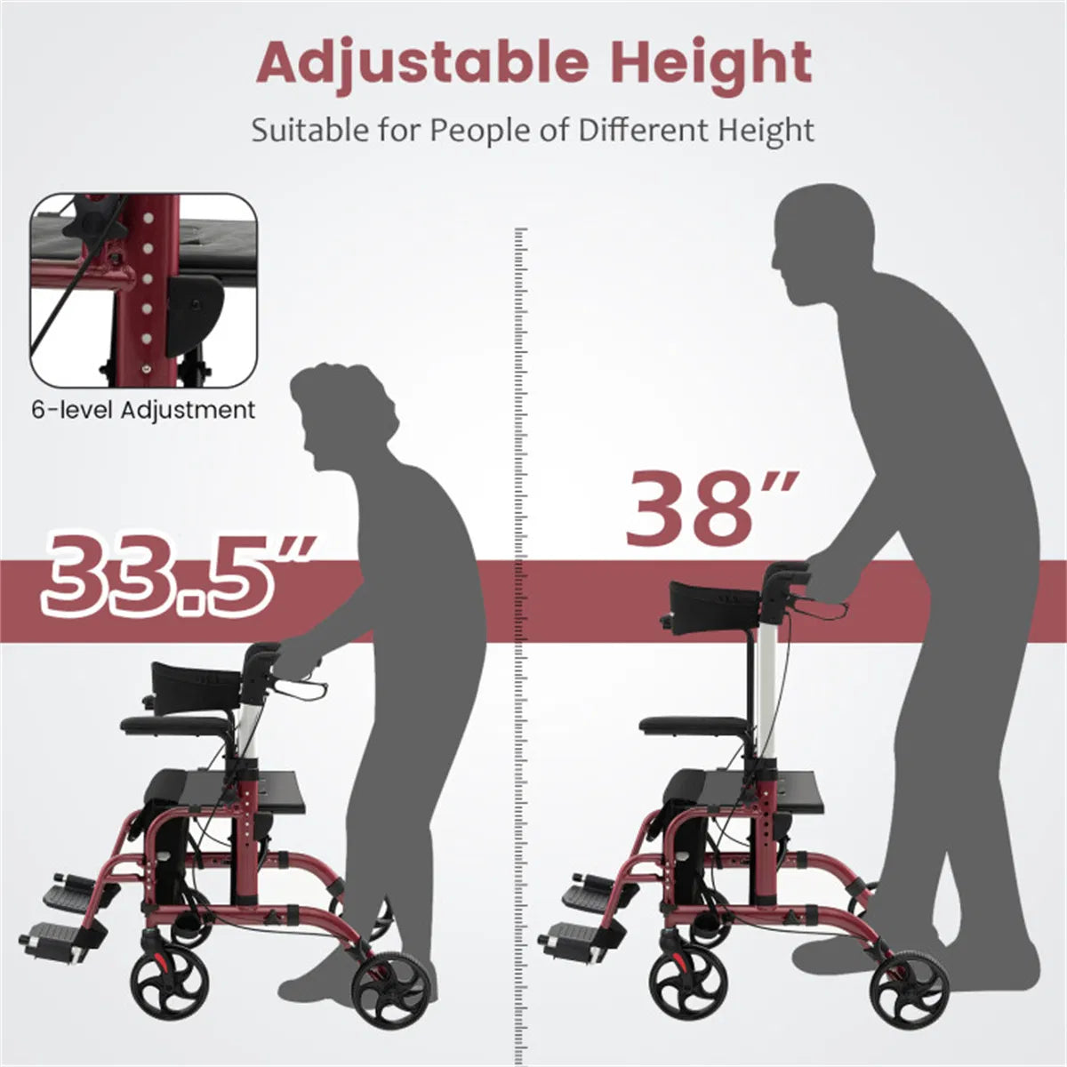 2-en-1 Walker roulant et fauteuil roulant (300lbs): poignées réglables à 6 niveaux