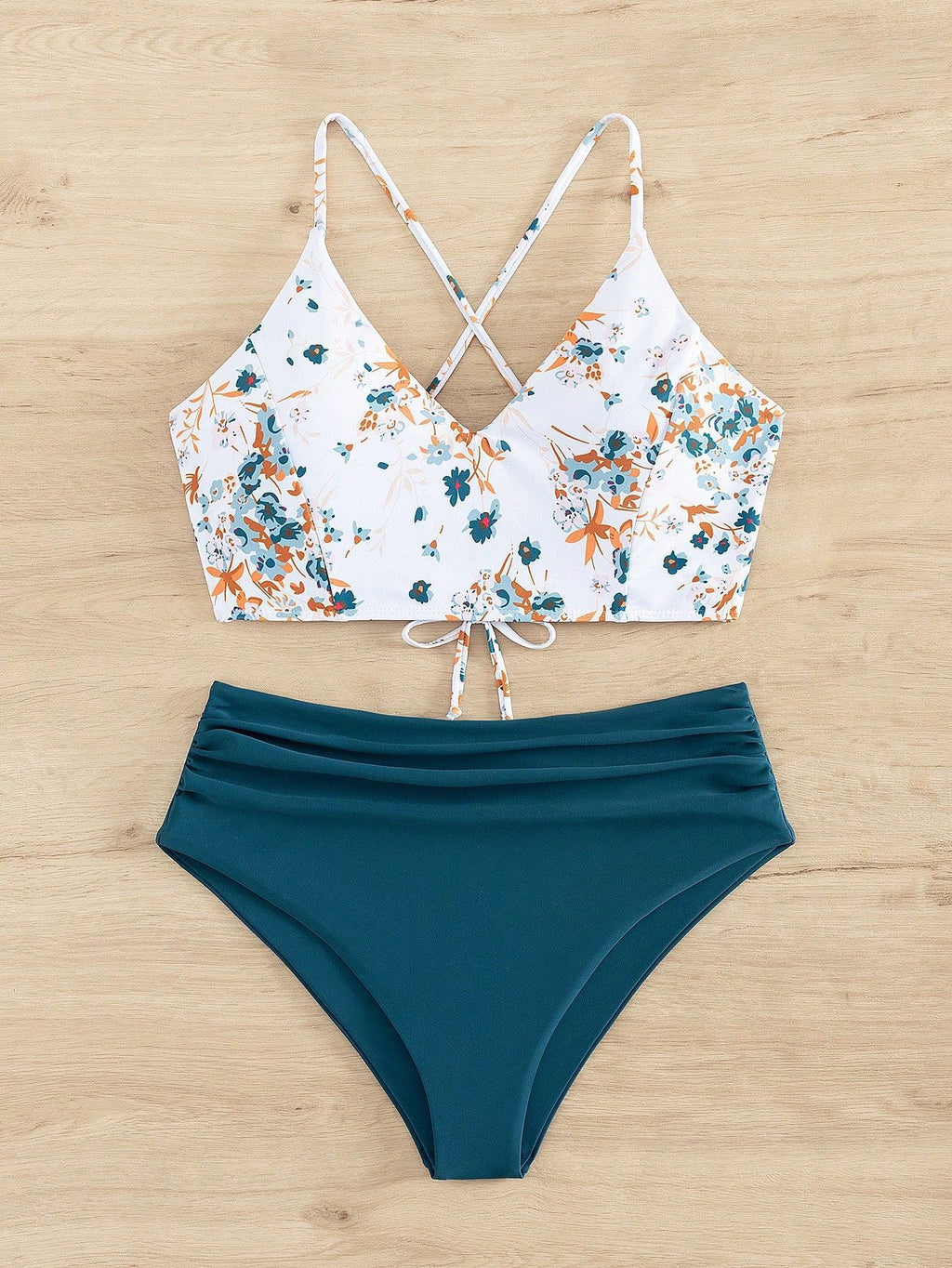 Femme Imprimé Contrasting-Color Drawstring Bikini maillot de bain deux pièces