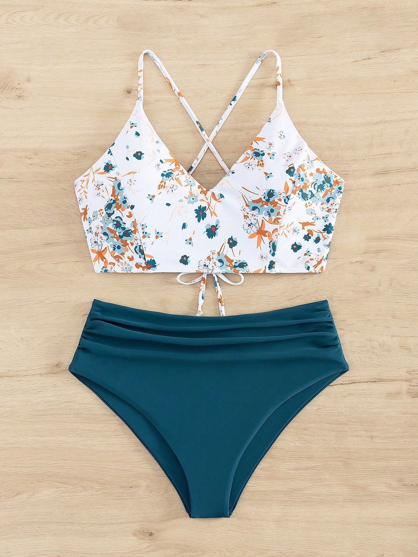 Femme Imprimé Contrasting-Color Drawstring Bikini maillot de bain deux pièces