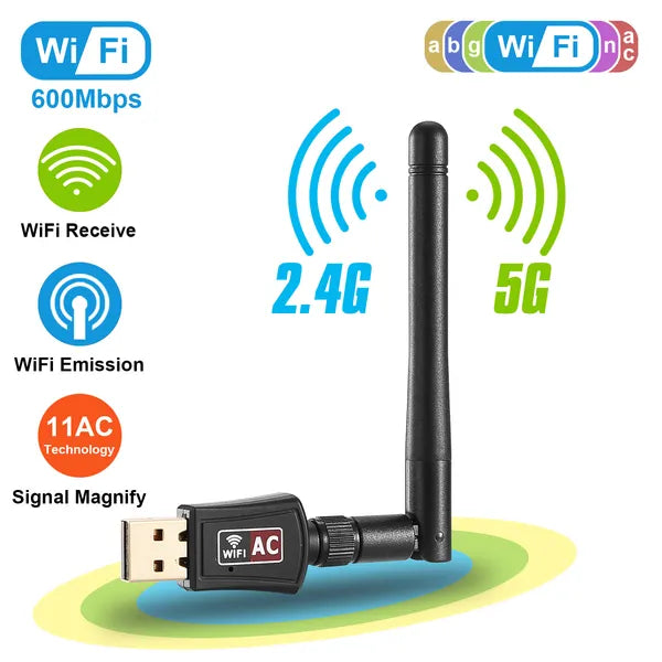 Adaptateur WiFi USB AC600Mbps 5G/2.4G Double bande 802.11ac Adaptateur réseau sans fil W/ 2dBi Ext