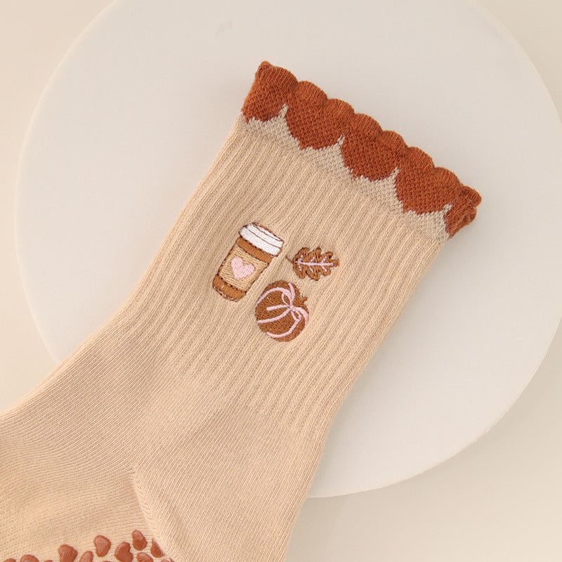 Chaussettes de yoga avec broderie cerise et citrons