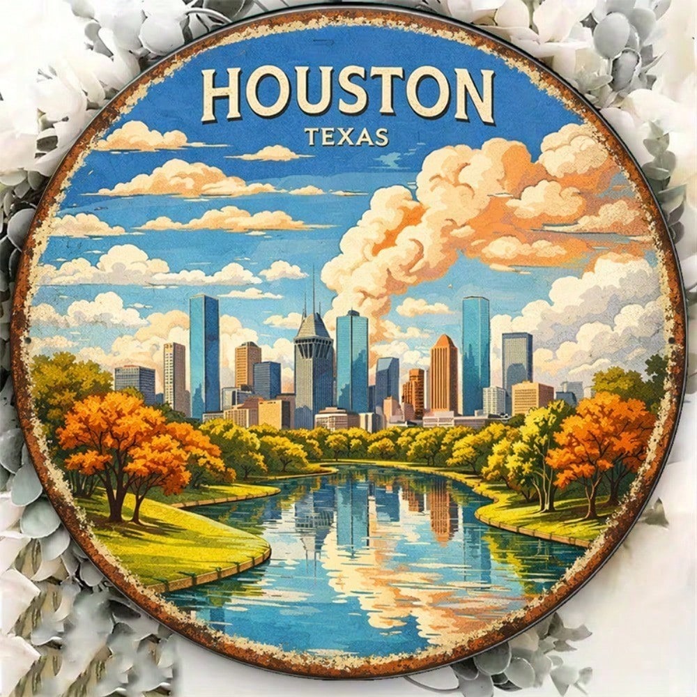 8x8in Houston Texas Cityscape Vintage rond panneau de décoration murale