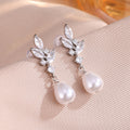 Elegant Bridal Leaf CZ Dangle Ear Studs, Teardrop Style With Simulated Pearl For Women Wedding Formal Occasion Accessories