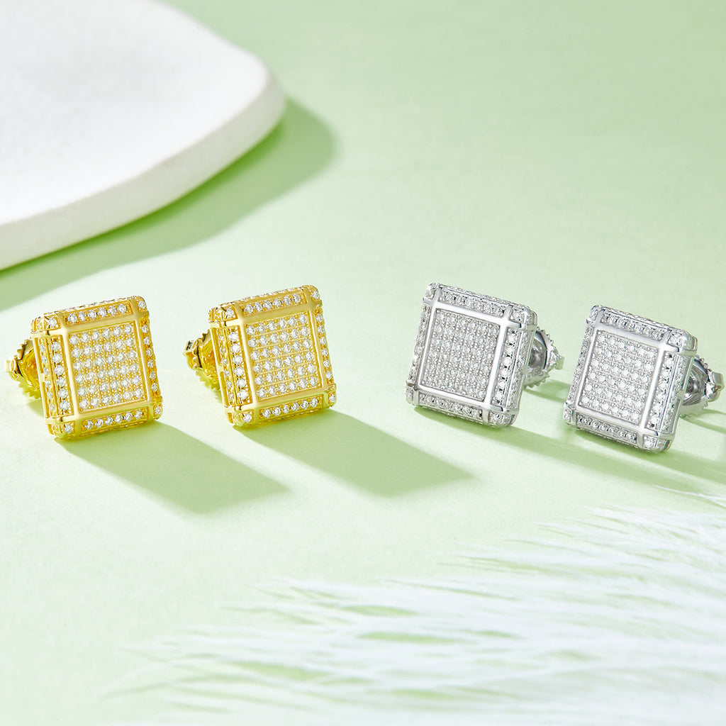 S925 Argent Sterling 176pcs D Couleur VVS1 Moissanite Boucles d'oreilles carrées 3D 11,5mm Vis arrière H