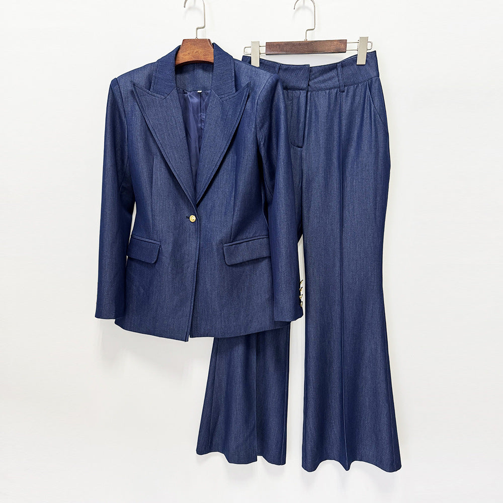 Pantalon texturé à simple bouton Peak Lapel Blazer & High Waist Flared Floor-Length Pantalons à deux pièces
