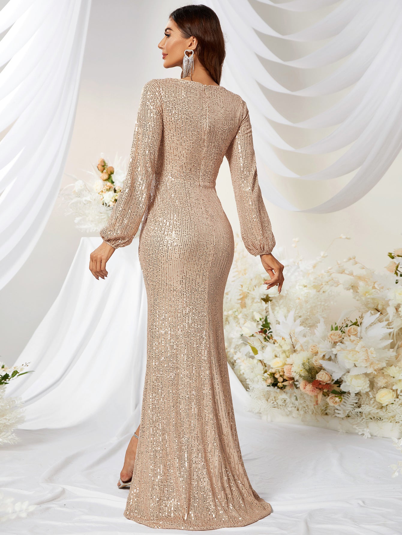 Robe de soirée en V à col pailleté manches longues Haute Slit Slim