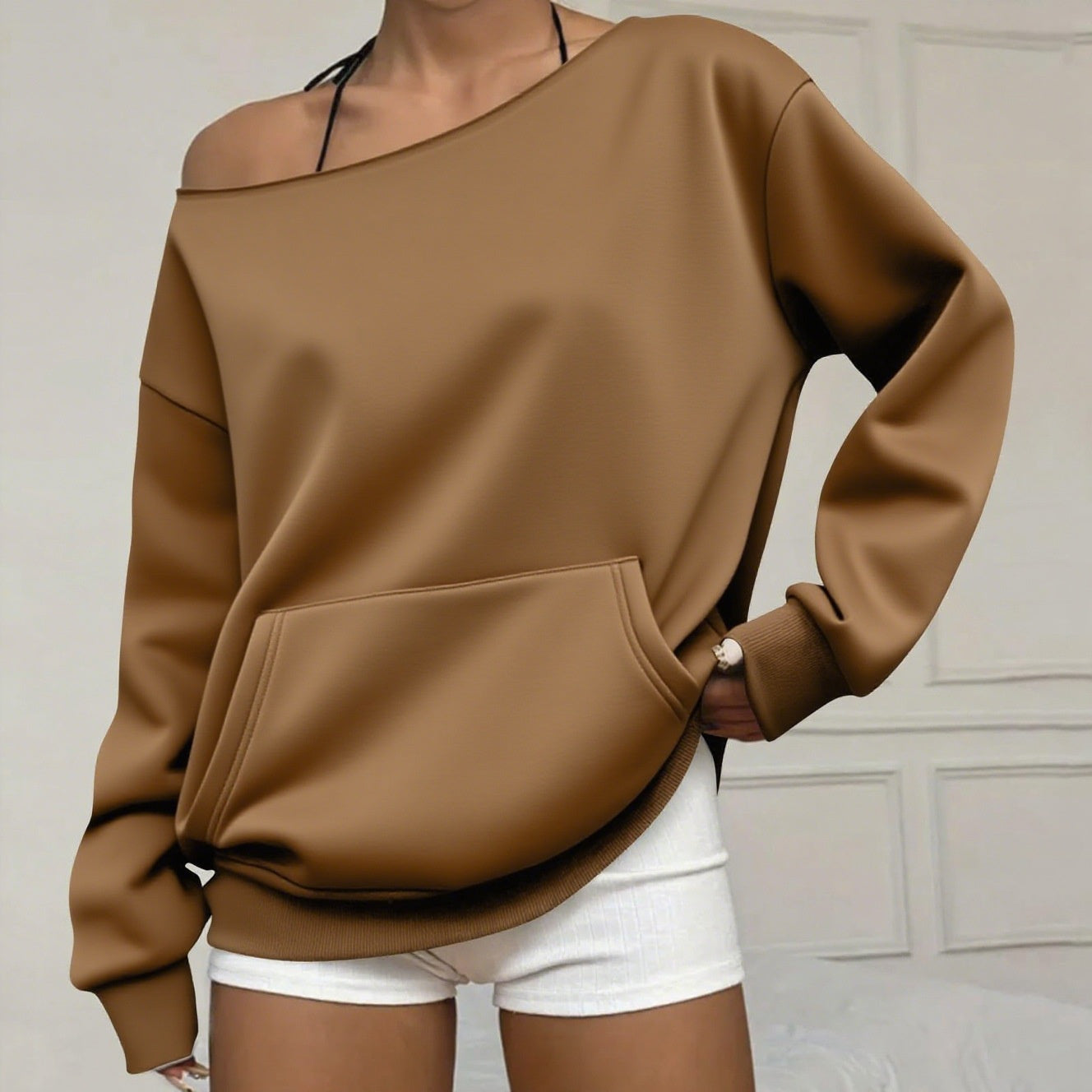 Pull-over à la mode Col d'équipage hors-cou Sweatshirt pour femmes