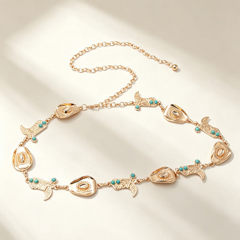 American Western Cowboy Waist Chain avec chapeau en métal turquoise et pendentifs de bottes