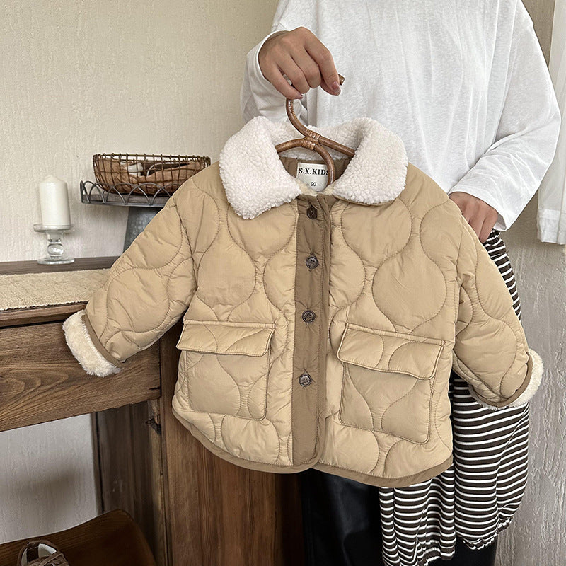 Style coréen Collier en fourrure d'agneau doublée de polaire Épaisseur coton rembourré Mode de manteau