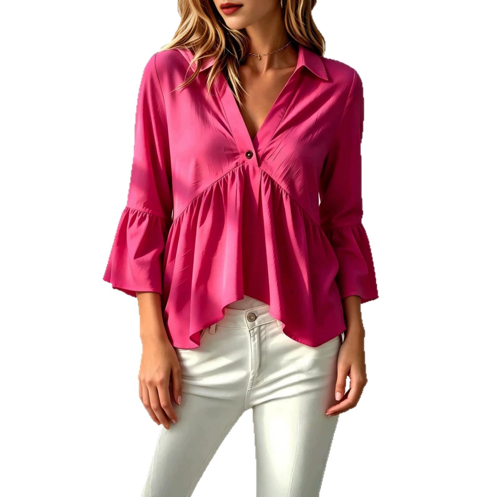 Chemise de couleur unie pour femmes avec un col et des manches volantes
