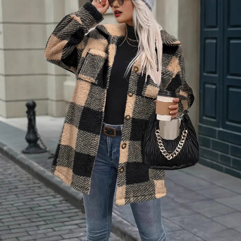 Femmes Automnehiver Lambswool Lapel Enduit à manches longues en Plaid Casual