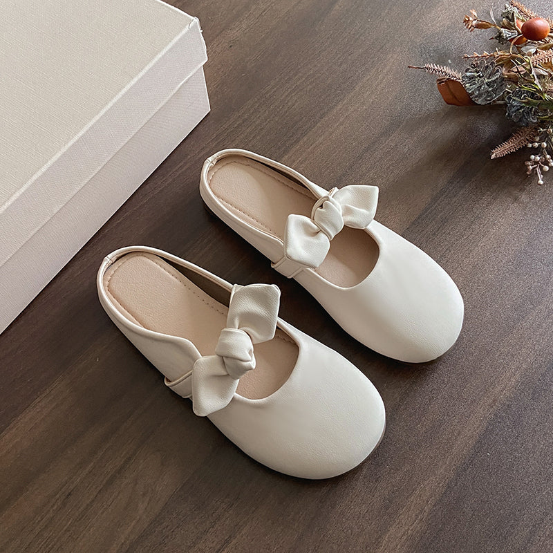 Women Gentle Girly Big Satin Bow Backless Mule Flats Matching Daily