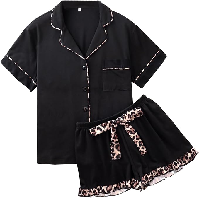 Pyjama d'été RONGTAI pour femmes set Short Sleeve Button Down Leopard Pjs Lounge sets doux