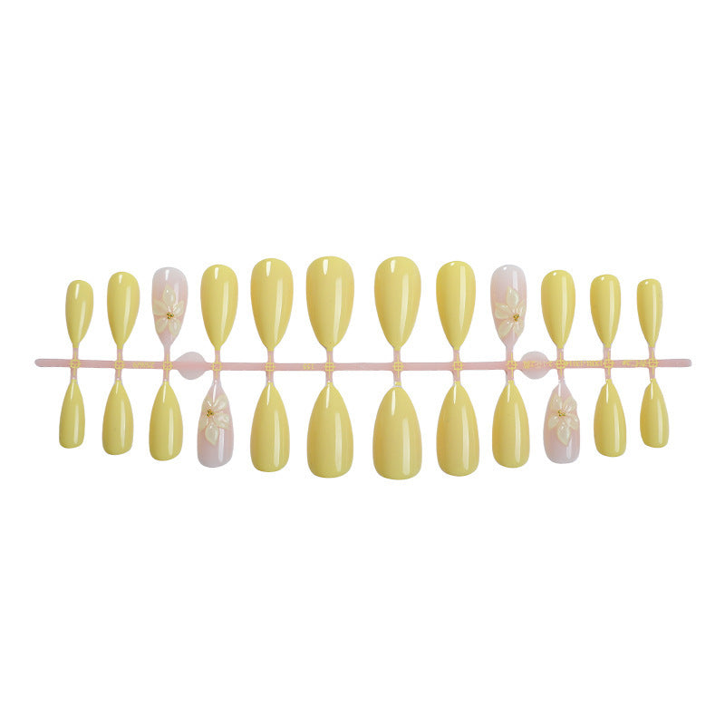 Nails à amande jaune de style français au design floral 3D