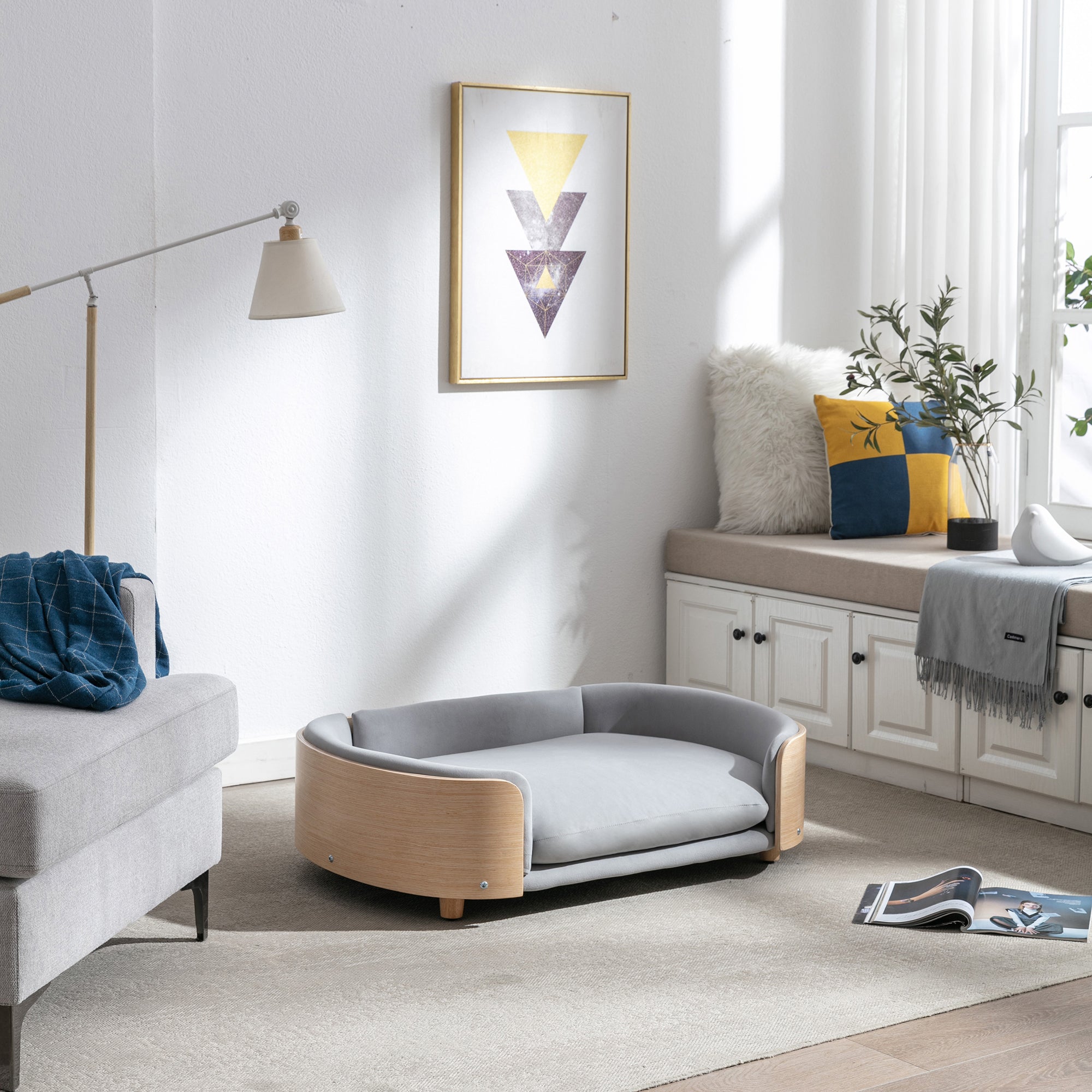 Style scandinave Lit de chien élevé Canapé pour animaux avec pieds en bois massif et dos en bois bent
