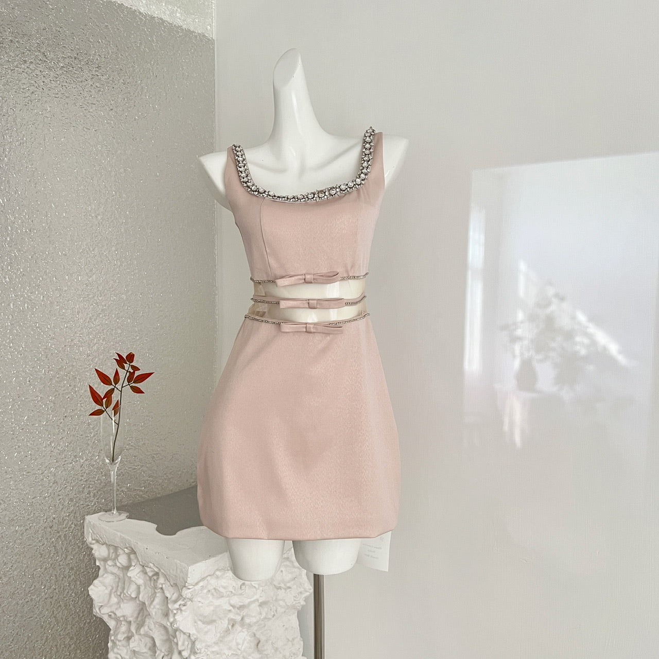 Robe de Cocktail de Demoiselle d'honneur sans manches Col de Strass Bow