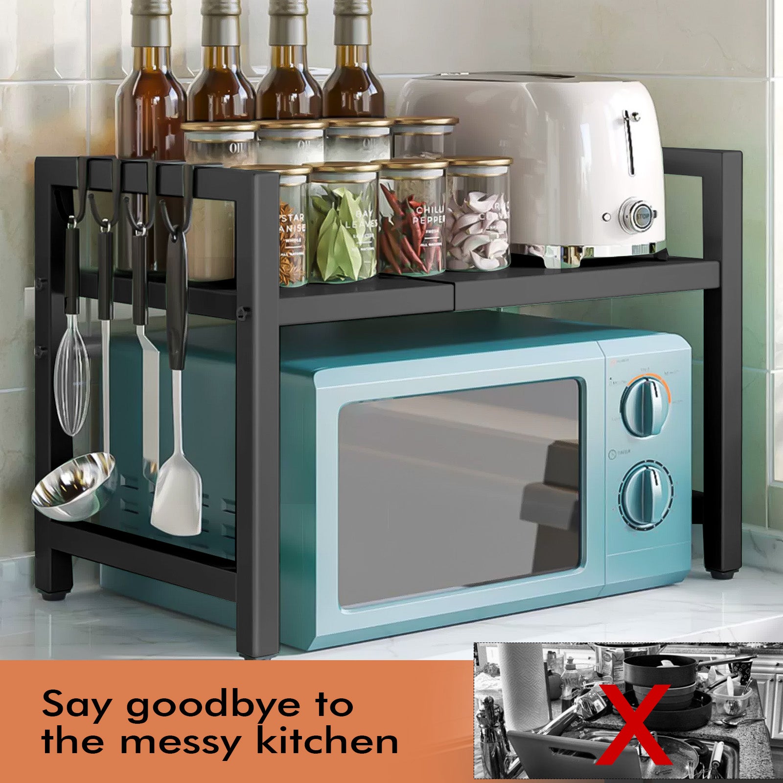 Black monocouche double bar avec 6 crochets et rack de rangement de cuisine extensible