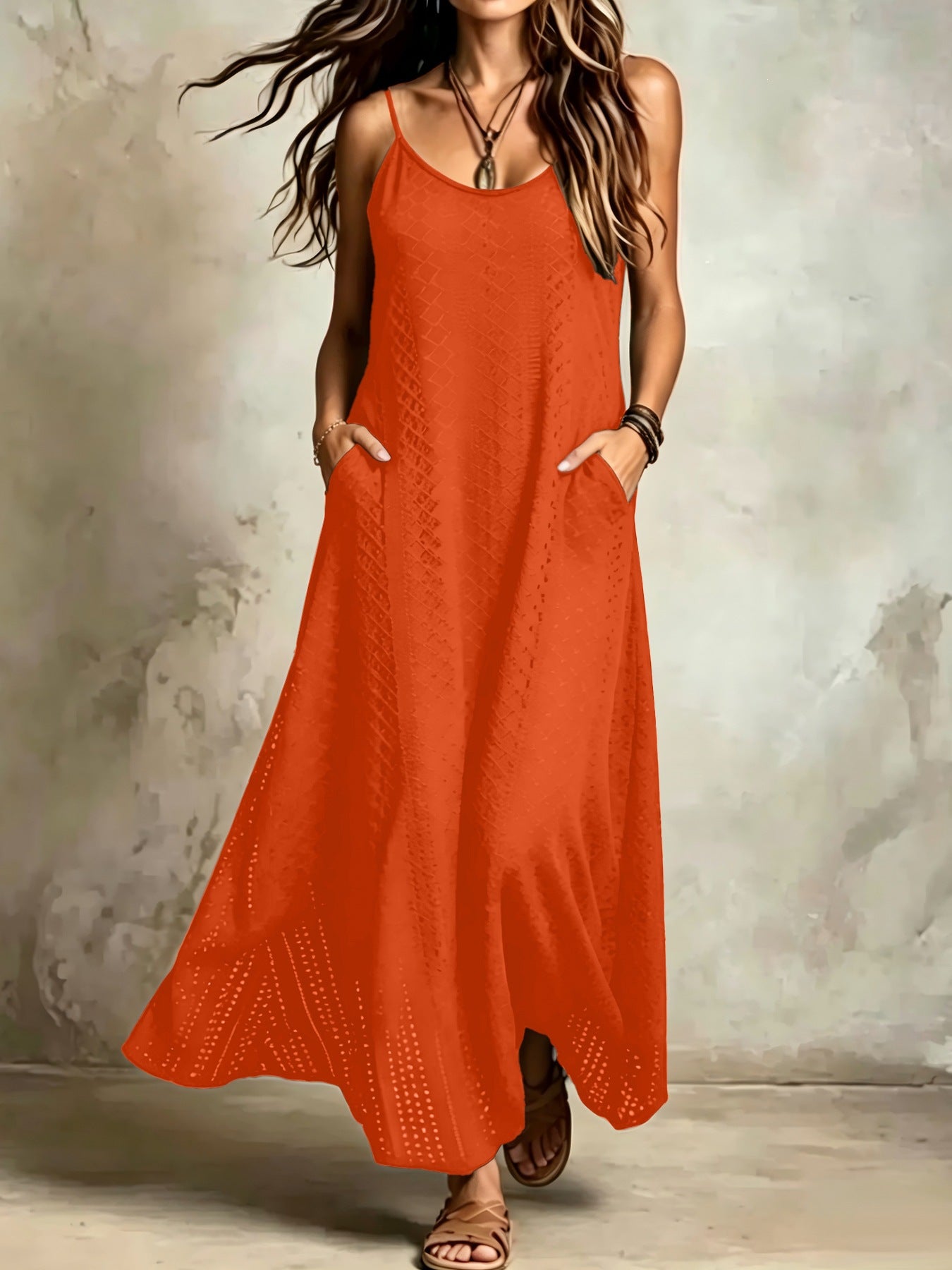 Style vacances bohème Solide couleur Spaghetti Sangle V-Neck Robe de femme avec un paresseux et R