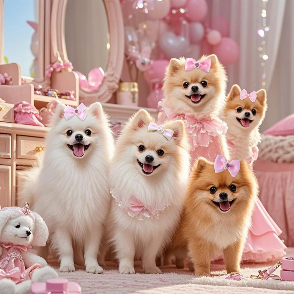 20 PCS Cute Dog Hair Bows with Rubber Bands Elastic Handmade Mix Style Dentelle Strass Pea