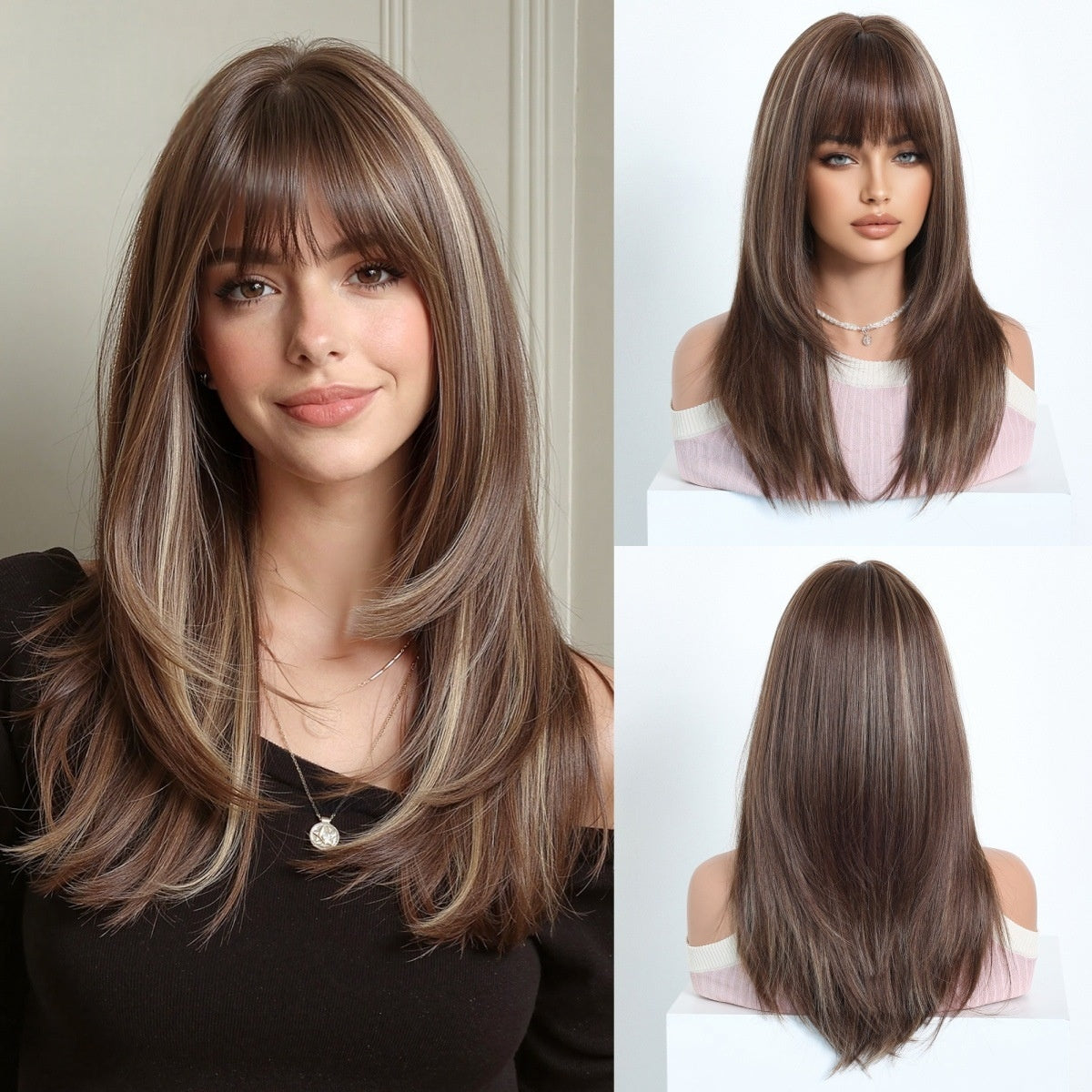 Perruque synthétique haute température pour femmes avec capuchon de cheveux Bangs