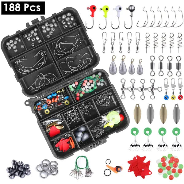 188Pcs Kit d'accessoire de pêche Ensemble de pêche portative incluant les crochets de jig poids d'évier