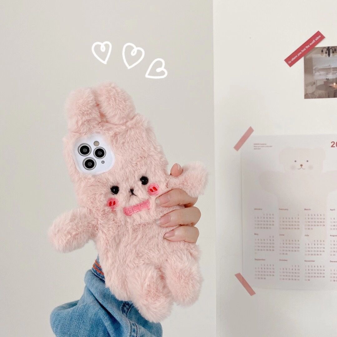 Étui de téléphone en peluche rose lapin