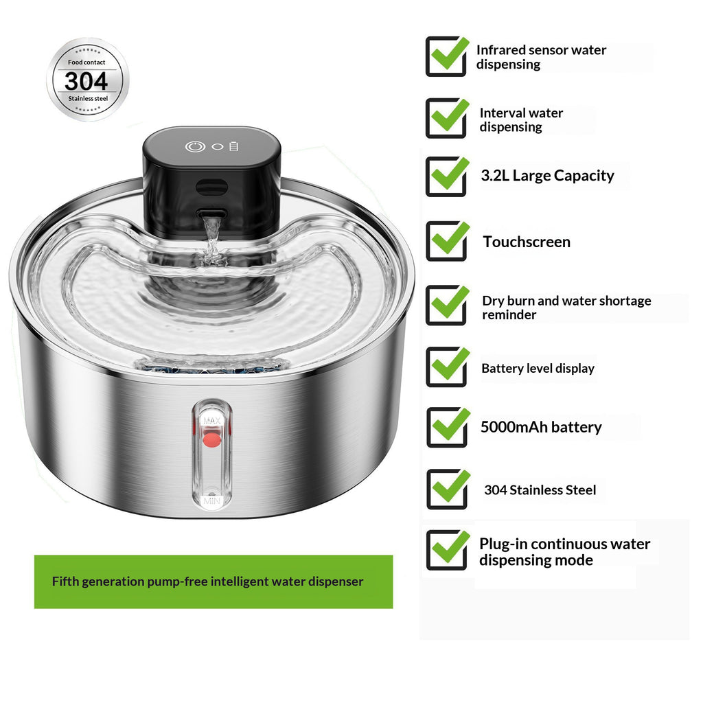 Fontaine d'eau pour animaux intelligents Distributeur d'eau pour chats sans fil Acier inoxydable