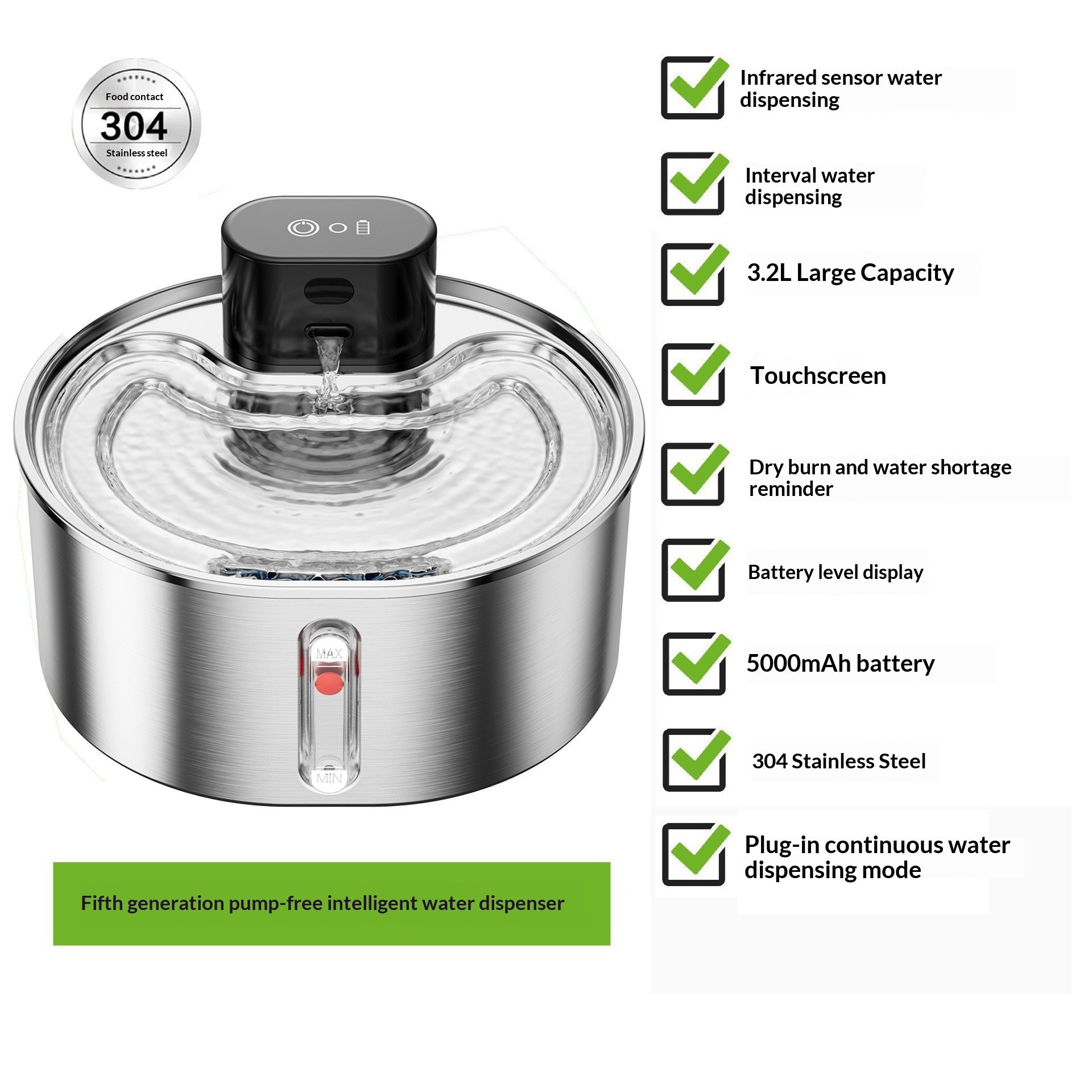 Fontaine d'eau pour animaux intelligents Distributeur d'eau pour chats sans fil Acier inoxydable