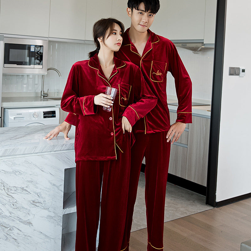 Couple pyjama femmes printemps et automne hommes à manches longues rouge velours d'or maison porter