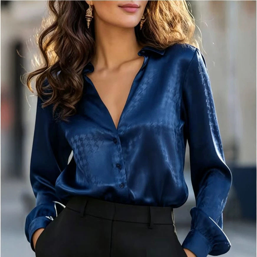 T-Shirt femme manches longues Bouton-Down Slim-Fit Robe Solide Shirt