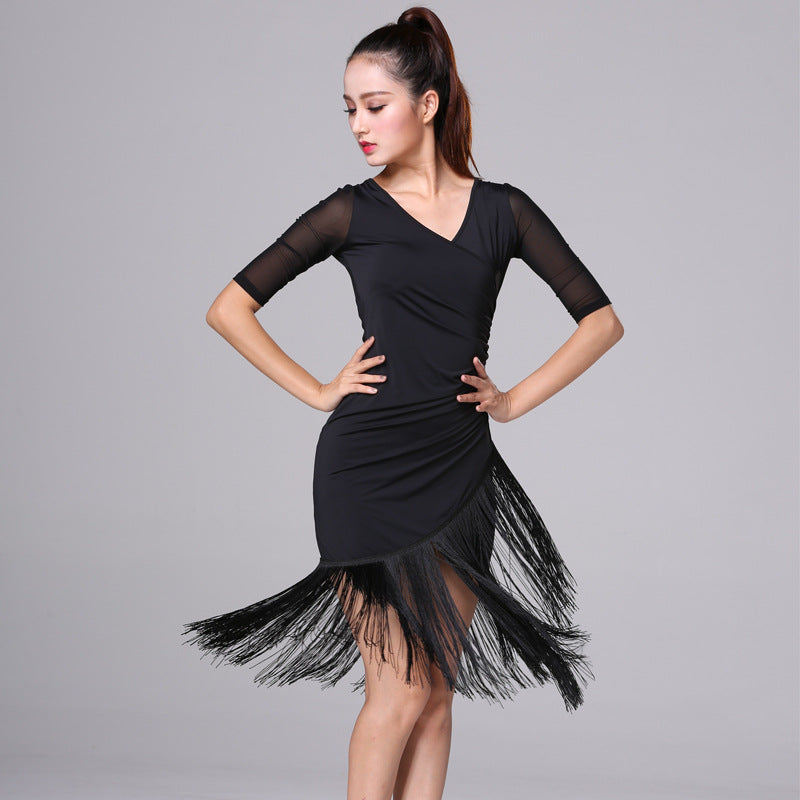 Costume de performance de danse en soie glacée Fringed