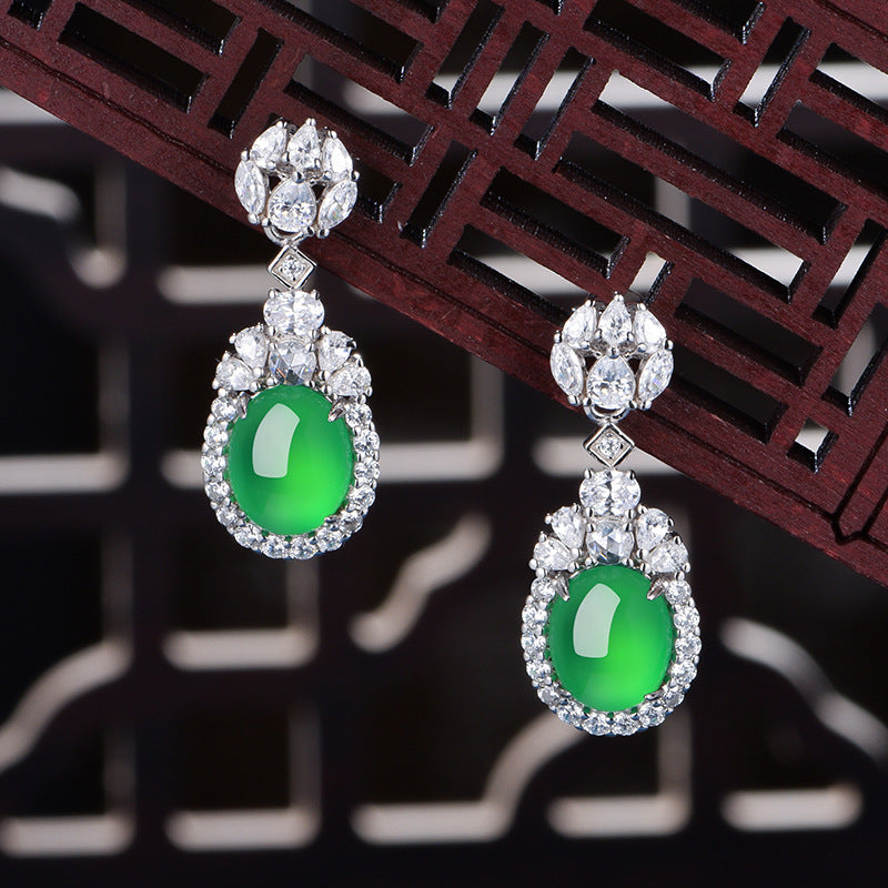 S925 Boucles d'oreilles en argent sterling Dangle 10x8mm Chrysoprase verte ovale