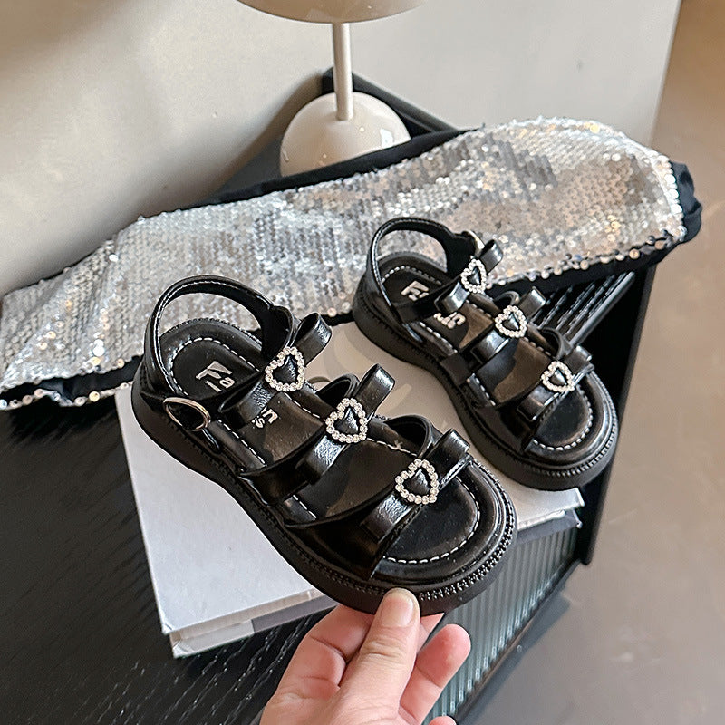 Sandales en strass pour enfants à cœur mignon à couleur solide