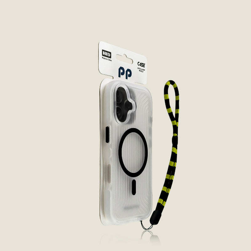 Cas de téléphone rayé noir mat avec fixation magnétique et lanyard intégré pour