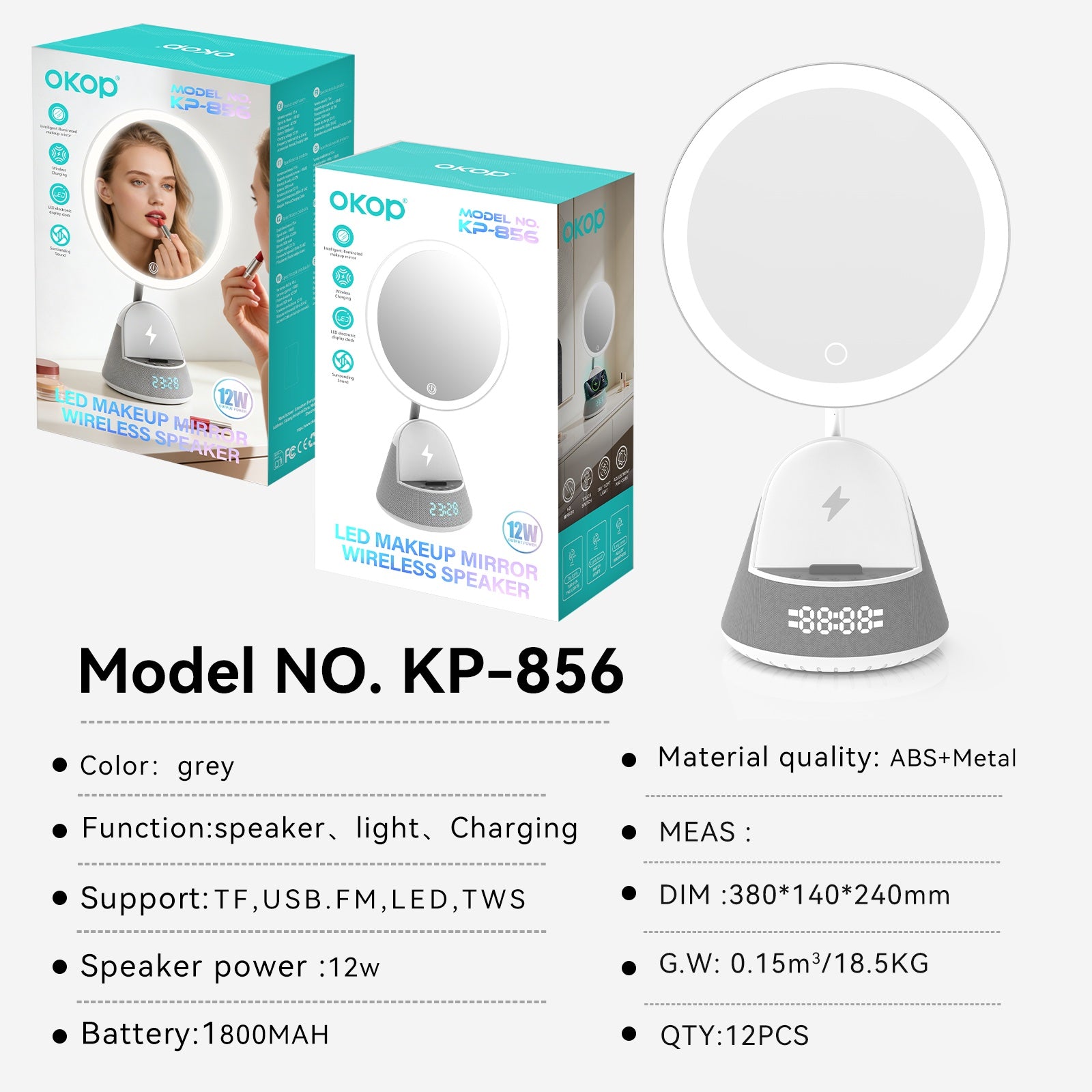 KP-856 Smart Magnetic Makeup Mirror avec charge sans fil et éclairage de remplissage Outp