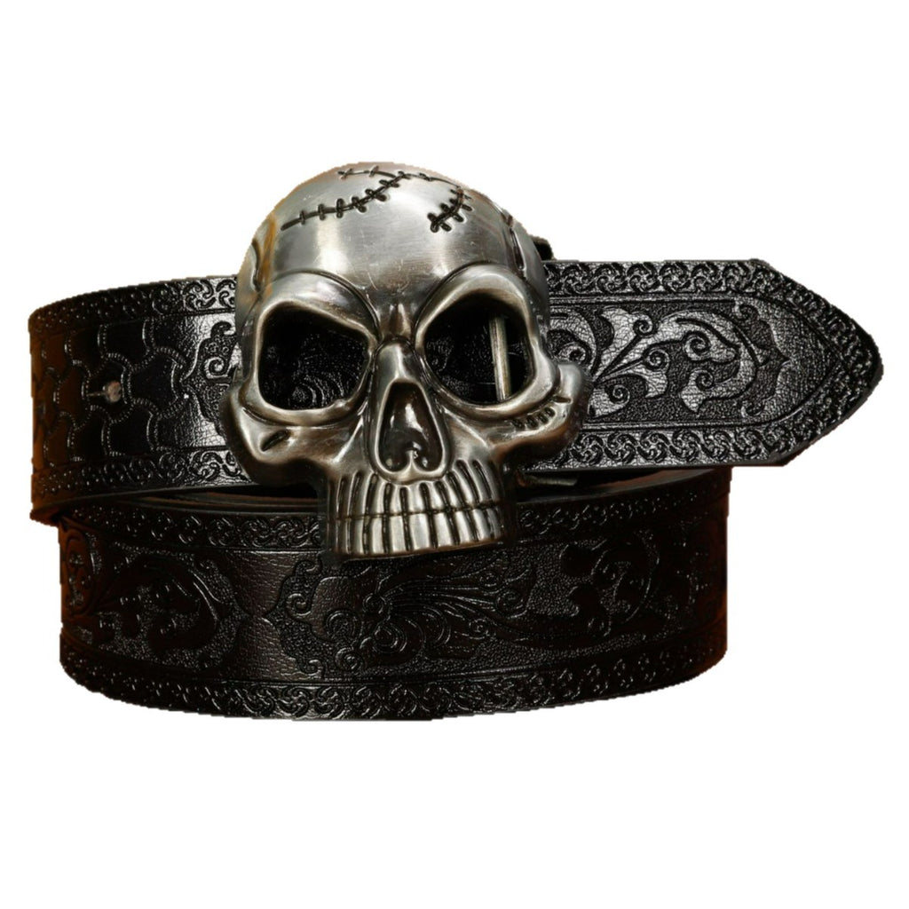 Unisex simple noir PU embossé Vintage Crâne creux ceinture pour hommes et femmes