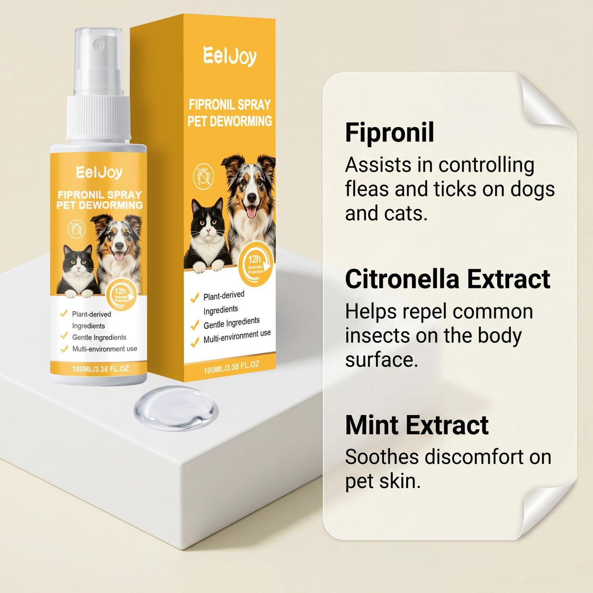 Eeljoy Pet Fipronil Spray quotidien nettoyage de surface du corps et soin Texture douce Pet Care Pro