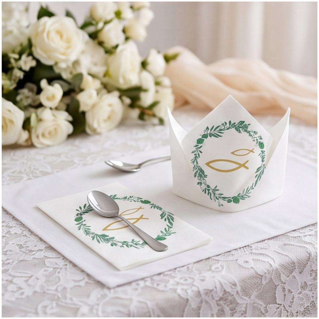 40 serviettes avec des motifs de feuille et de poisson en vert